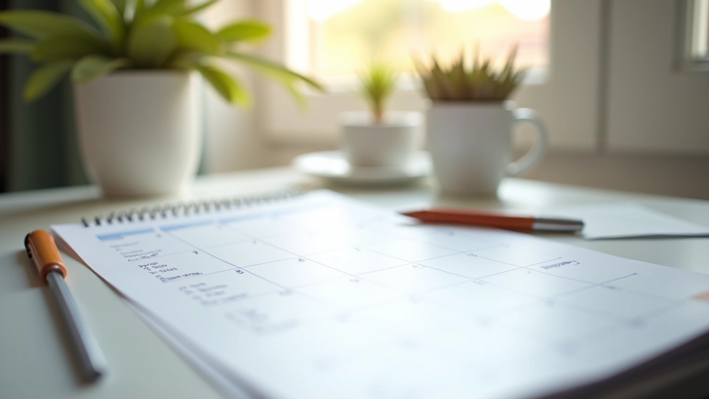 Calendário com blocos de tempo marcados e lista de tarefas priorizadas ao lado de uma xícara de café