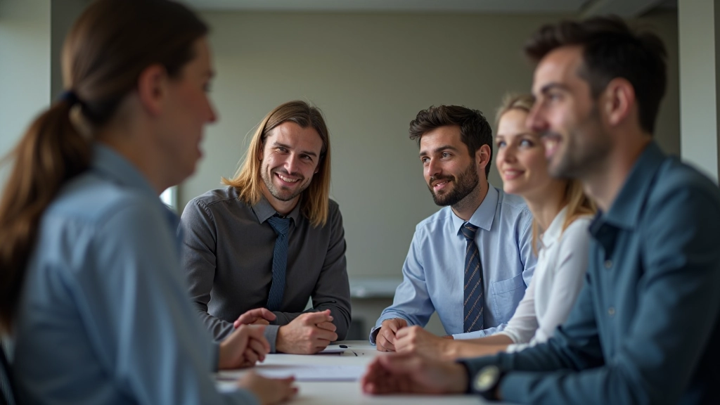Equipa diversa em espaço colaborativo discutindo estratégias de trabalho e produtividade
