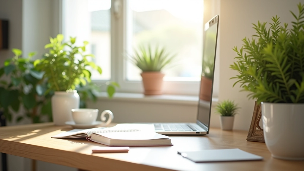 Ambiente de trabalho organizado com plantas, mostrando separação clara entre espaço profissional e pessoal