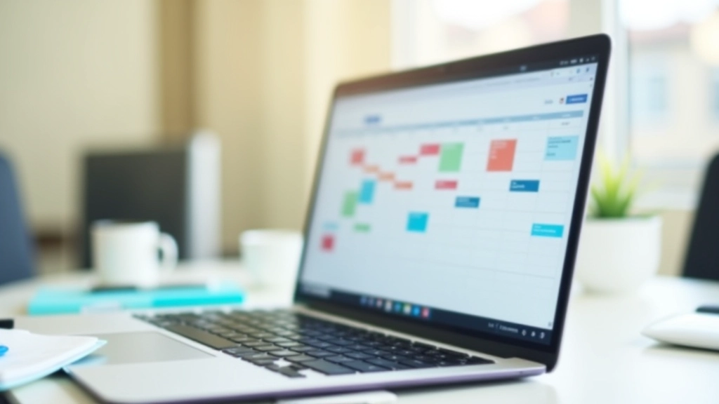 Calendário digital na tela com blocos de cores diferentes representando diferentes tipos de tarefas