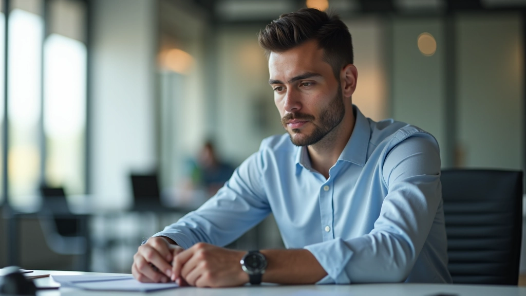 Pessoa com expressão focada olhando para relógio enquanto trabalha em laptop, representando concentração e disciplina