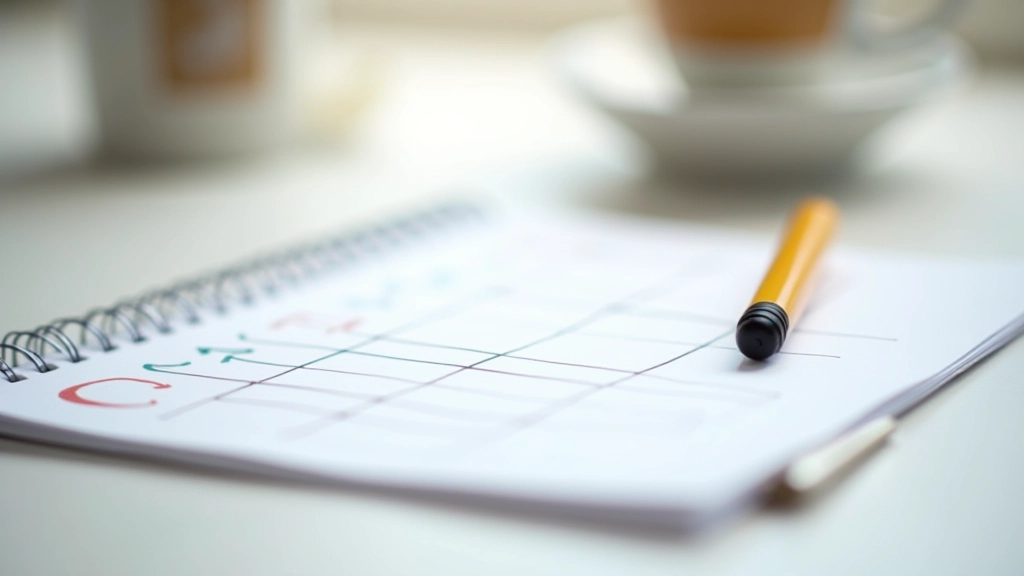 Caderno aberto com matriz desenhada à mão, caneta colorida, café ao fundo em mesa clara