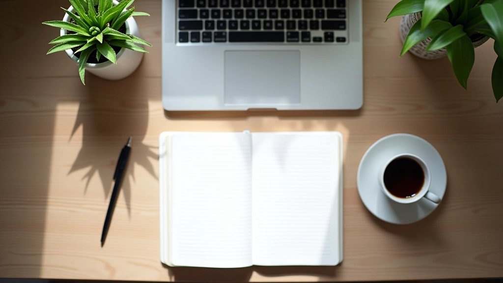 Espaço de trabalho organizado com caderno aberto, caneta e café ao lado de laptop moderno