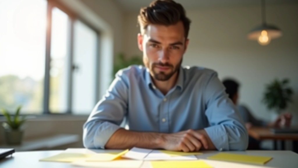 Pessoa concentrada em uma mesa de trabalho com múltiplas tarefas anotadas em notas adesivas