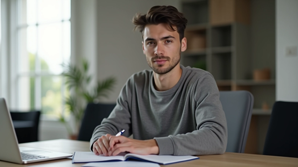 Pessoa sentada em mesa de trabalho organizada com notebook, anotações e xícara de café
