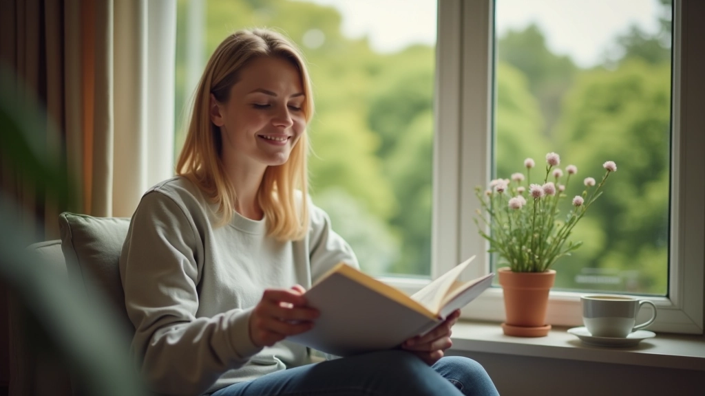 Pessoa em repouso próximo a uma janela em ambiente tranquilo durante horário pessoal