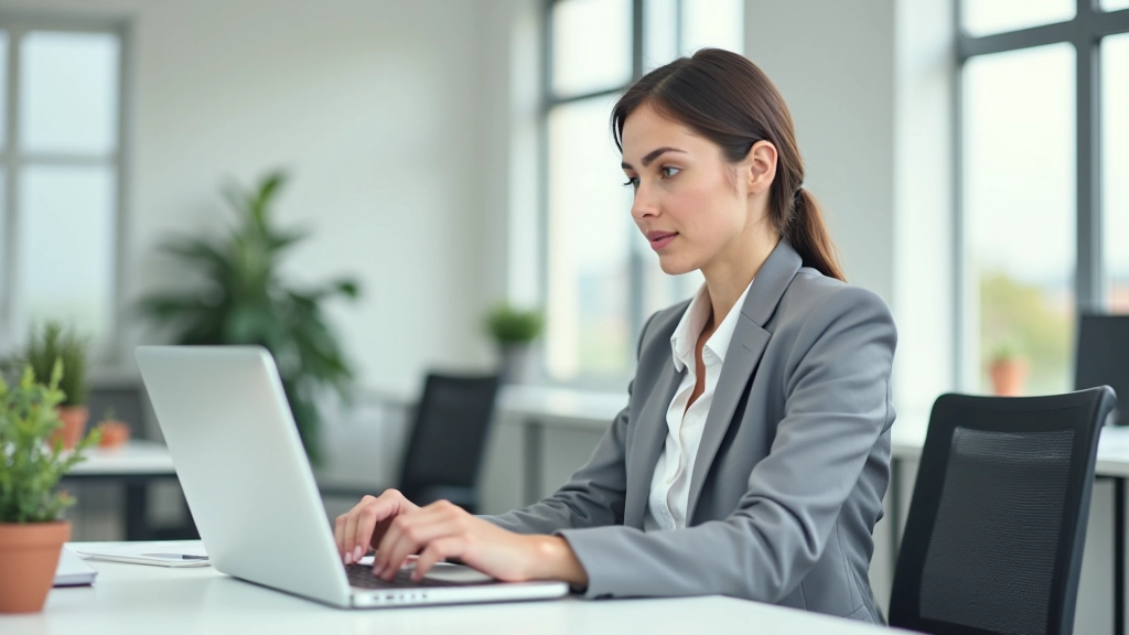Mulher profissional trabalhando em mesa moderna com iluminação natural, ambiente organizado e focado