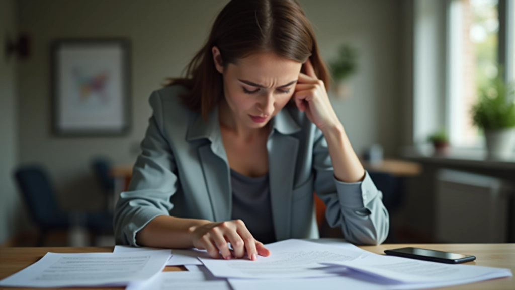 Pessoa olhando para relógio com expressão preocupada, cercada por papéis e tarefas amontoadas